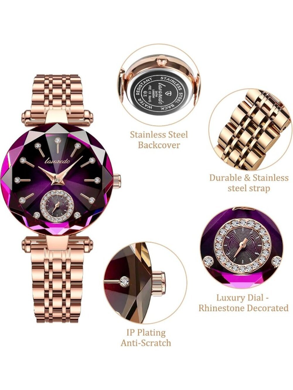 Women Gold Purple Elegant Stainless Steel Analog Creative Diamond Dial Watch - Picture 3 of 7